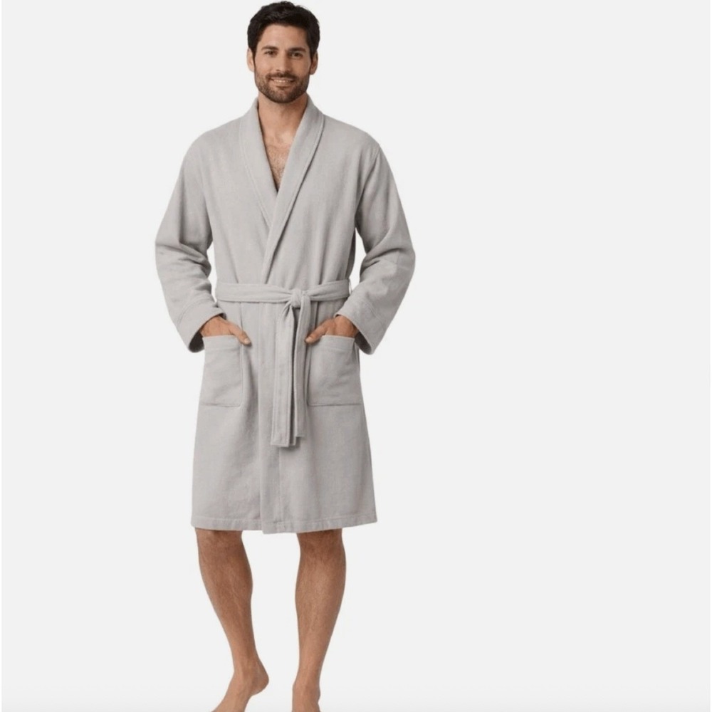New Mens Room Essentials Bath Robe Terry‎ Reverse Pockets 100% Cotton Gray L/XL